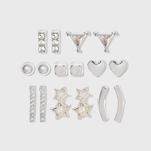 NEW A New Day™ Silver Crystal Star and Heart Stud Earring Set 8pc - Picture 1 of 5